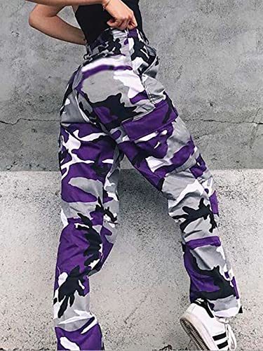 Zodlls Women's Camo Pants Cargo Trousers Cool Camouflage Pants Elastic Waist Casual Multi Jogger Pants With Pocket Purple Camo-Xl #TOP1