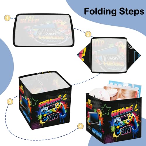 HUUMONSS 30cm Aufbewahrungsbox 3 Stück Gamer Neon Schild Aufbewahrungskorb Kinder Falt Spiel Controller LED Headset mit Griffen Aufbewahrungswürfel Organizer für Spielzeug Bücher Kleidung,Graffiti