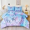 RYNGHIPY 6Pcs Mermaid Tail Comforter Set for Kids Girls, Mermaid Fish Scale Bed in a Bag Twin Size, Sparkle Teal Purple Rainbow Bedroom Decor Bedding Set