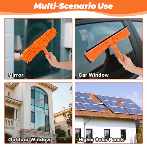 Image of Window Washing Kit with Extension Pole 4.7 to 24FT, Long Squeegee for Window Cleaning Indoor Outdoor, Carbon Fiber Telescopic Pole for Window Cleaner Tool with Microfibre Pad & Chenille Cloth
