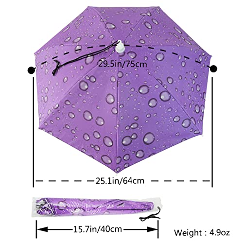 Kilobey Umbrella Hat, 25 Inch Small Hands Free Umbrella Cap For Adults & Kids, 7-Ribs Uv Protection Waterproof Foldable Headwear For Gardening Camping Golf Sunshade Outdoor,Water Drop Purple #TOP2