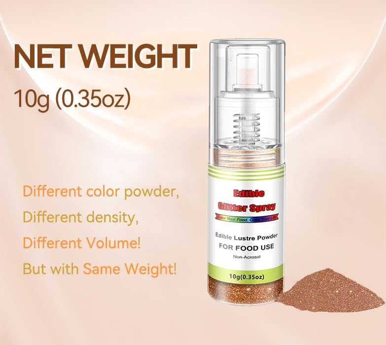 Edible Glitter Spray(Rose Gold), Non Aerosol Food Coloring Lustre Powder, Food Grade Sparkling Dust Push Pump for Decorating Cupcake, Fondant, Cookie, Frosting, Gum paste, 0.35 OZ.