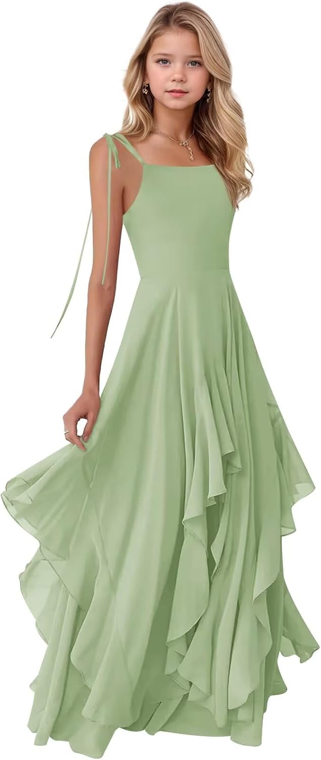 Chiffon Junior Bridesmaid Dress for Wedding Tiered A-Line Spaghetti Strap Ruffles Long Square Neck Flower Girl Dress