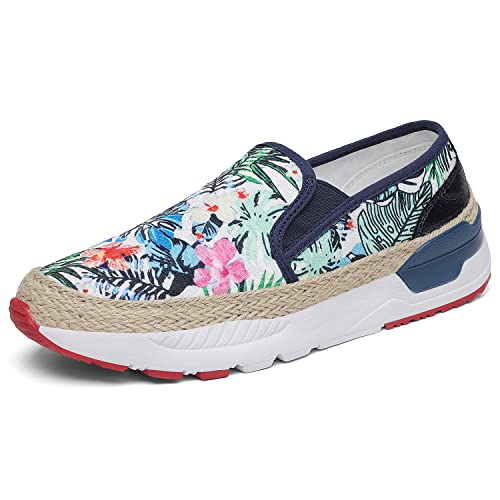 Dannto Mocasines de arte para mujer bordado floral barco zapatillas sin cordones para caminar, Azul Blanco, 38.5 EU