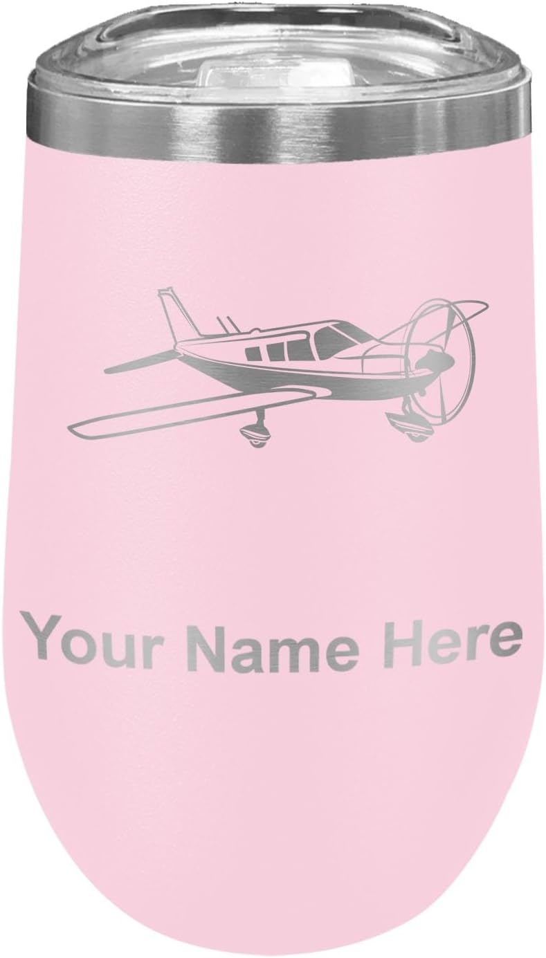 LaserGram 16oz Double Wall Stainless Steel Wine Glass Tumbler, Low Wing Airplane, Personalized Engraving Included (Black)