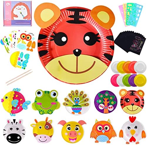 VEGCOO 30 Pcs Arts and Crafts Kits for Kids, 10 Pcs Round Paper Plate Art Kits & 20 Pcs Rainbow Scratch Drawing Paper, Kids Craft Kits Xmas Christmas Gifts Toys for Kids Boys Girls Age 3-12 Year Old