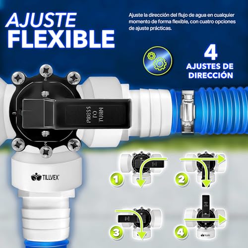 Miniatura 3 de Tillvex Juego De Bypass Piscina Completo 12 Pzs. Ø 32 38 Mm Conector Válvula De 3 Vías Y Adaptador Abs Con 6 Abrazaderas De Manguera De Acero Inoxidable Y Cinta Aislante De 8 M