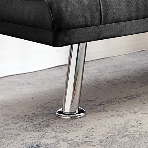 67" Modern Linen Upholstered Futon Sofa Convertible Sleeper Couch Bed Daybed Loveseat,Folding Recliner With 2 Cup Holders,Metal Legs,Removable Soft Pillow-Top Armrest For Living Room Compact Space #TOP4