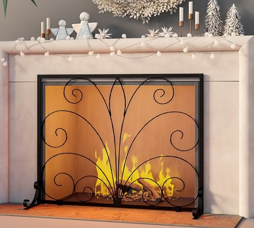 Fire Beauty Fireplace Screen,Handcrafted Wrought Iron,Flat Guard Metal Furnace Fireguards Mesh,Safe...