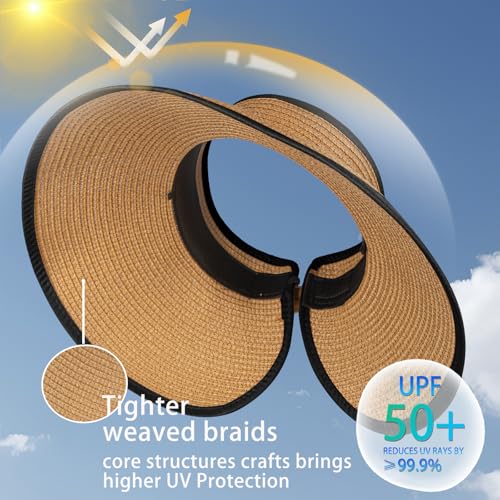 Image of Summer Straw Beach Sun Visor Ponytail Hats for Women Foldable Floppy