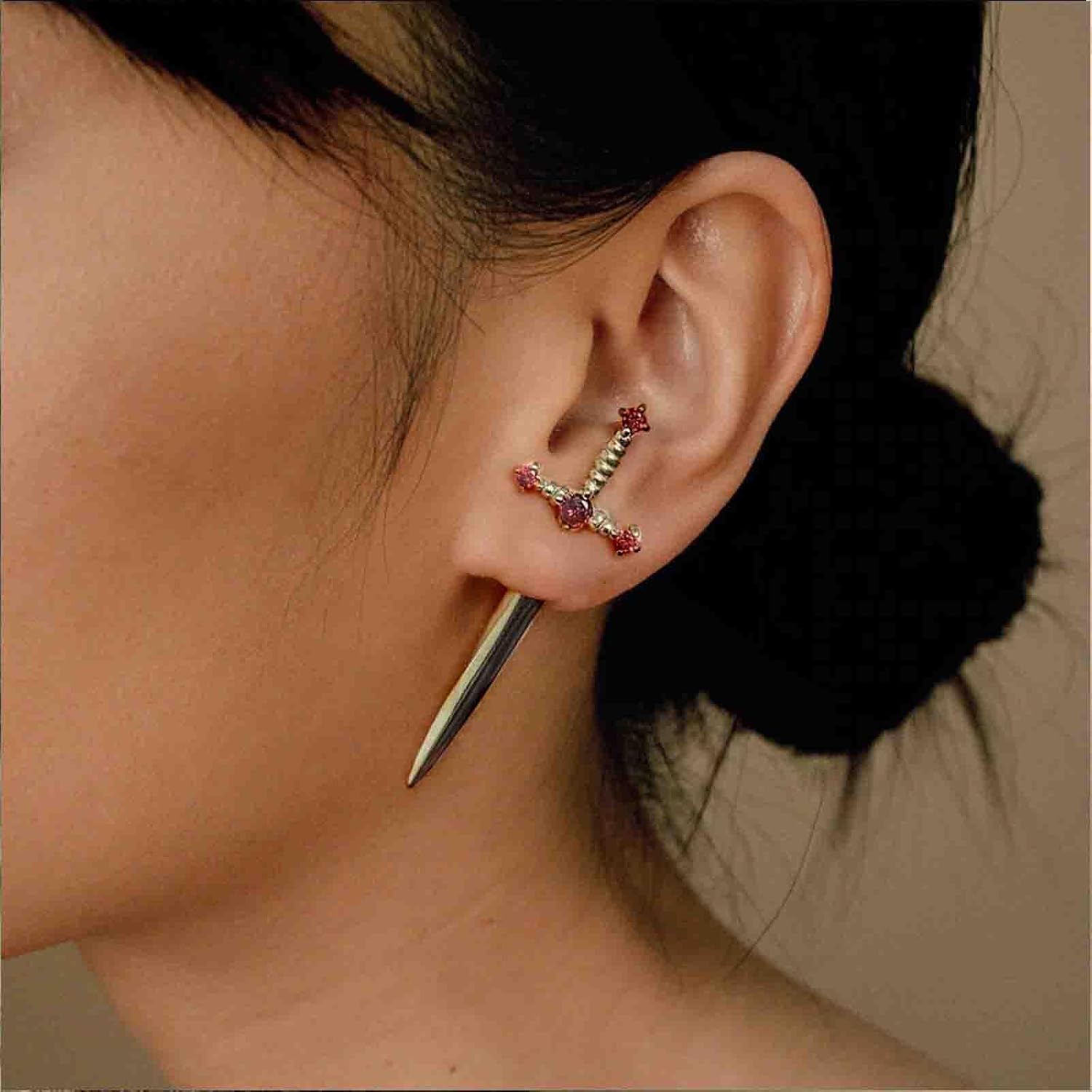 Gothic Sword Dagger Drop Earrings Black Red Crystal Sword Stud Earrings Punk Rhinestone Knife Earring Halloween Jewelry for Women(Black Red)