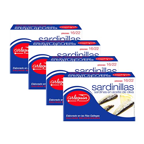 ARLEQUIN Sardinilla de las Rias Gallegas en Aceite de Oliva, Pack de 4 Latas de 120 grs. y 16/22 Unds (480 grs y 64/88 Unds)