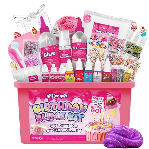 Glitter Galz 42-Piece Slime Kit for Kids Ages 6+ - Fun Activity, DIY Birthday Cake Slime Making Kit - Includes Sprinkles, Containers, Scents, Glitters, Powders, and Storage Container