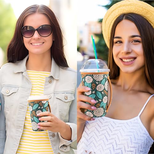 Image of KJQJLY 3 Pack Reusable Iced Coffee Sleeves for Iced Coffee Cups or Drinks Reusable Neoprene Insulated Sleeves for Hot and Cold Drinks from Starbucks, Dunkin, And More (Roses)