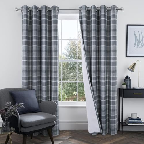 always4u 100% Blackout Curtains Check Eyelet Curtain Bedroom Plaid Woven Brushed Cheque Pair of Highland Woolen Look Window Treatment for Living Room Grey 46 * 90 Inches