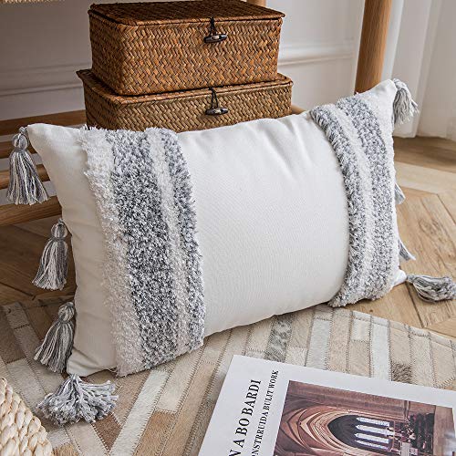 DEZENE Boho Throw Pillow Covers: 2 Pack 100% Cotton Woven Tufted Rectangle Lumbar Decorative Pillowcases with Tassels for Couch Sofa Bed, Accent Cushion Covers for Farmhouse, Kids, 12 x 20 Inch Grey