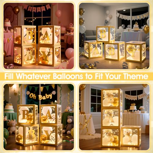 Image of Ledido Baby Boxes with Letters for Baby Shower Decorations, 4 pcs Clear Balloon Boxes Blocks with LED Fairy String Lights 38 Balloons for Boys Girls Gender Reveal Birthday Party (Gold)