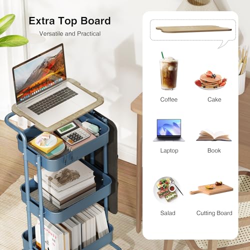 Image of DTK 3-Tier Rolling Cart with Table Top, Metal Utility Cart with Side Bags | Tray Storage Organizer, Lockable Wheels, 4 Hooks, Art Cart for Kitchen, Bathroom, Office, Craft room, Living room, Blue