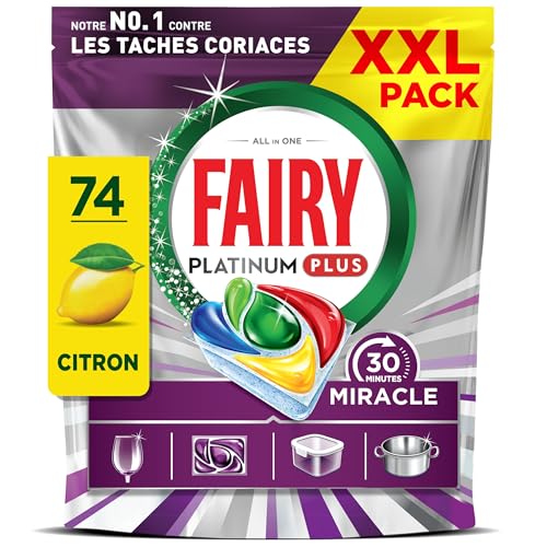 Fairy Platinum Plus Tablettes Lave-Vaisselle Tout-en-1, Miracle 30 Minutes, 74 Tablettes, Notre Nettoyant n°1 Pour Les Résidus Alimentaires Tenaces