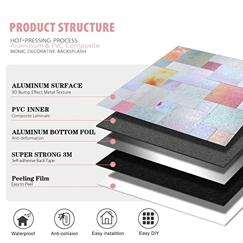 Homeymosaic 10-Sheets Backsplash Tile For Kitchen Peel And Stick On Bathroom Fireplace Metal Mosaic Wall Decor Sticker In Embossed Rainbow #TOP7