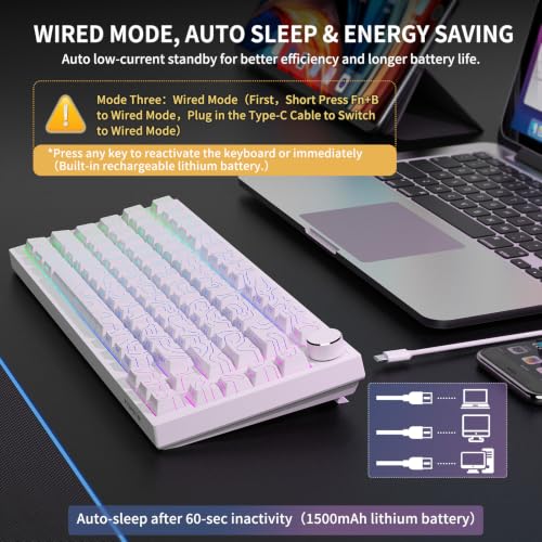 Image of FOPETT Wireless Mechanical Keyboard Rechargeable Adjustable Backlight Three Mode Wired /2.4G /Bluetooth Side Engraved for Laptop /Windows /PC - Contour Lines White