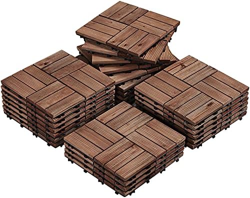 Yaheetech 27PCS Wooden Decking Tiles 12 x 12�Hardwood Interlocking Patio Deck Tiles Composite Balcony Floor Covering for Platform Patio Garden Pathway 1 sq. ft, Brown