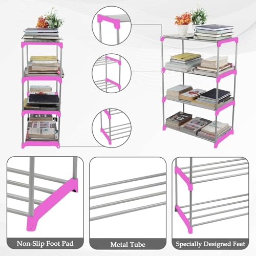 Image of 4 Layer Modern Simple Home Library, Book Stand Book Shelf with Storage Display Rack Open Bookcase Showcase Stand Book Rack for Study Room (Pink)