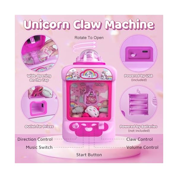 Claw Machine for Kids, Mini Vending Machine Girls Unicorn Toys, Candy Grabber Prize Dispenser with Sound & 20 Mini Plush Toys, Electronic Arcade Game Indoor Toy for Home Party Birthday Gifts