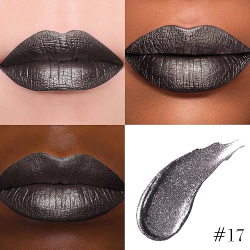 Image of evpct Black Metallic Glitter Lip Liner and Lipstick Combo Lip Gloss Stain Set Makeup for Women Long Lasting Waterproof 24, Goth Gothic Halloween Metallic Shimmer Frosted Iridescent Liquid Lipstick 17