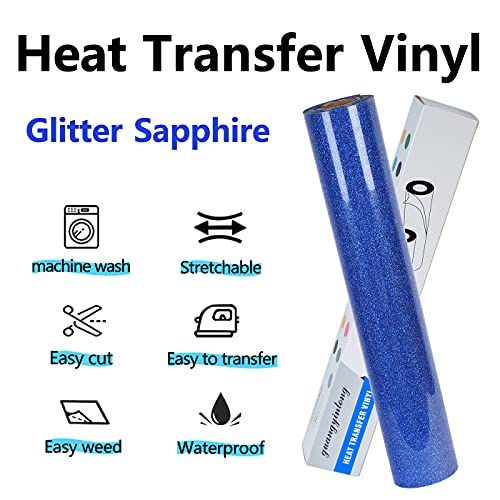 Image of guangyintong Glitter Blue Heat Transfer Vinyl HTV Rolls, 12 inch x 8ft Iron on Vinyl for T-Shirts Glitter Blue HTV Vinyl for All Cutter Machines Easy to Cut & Weed for Heat Vinyl Design