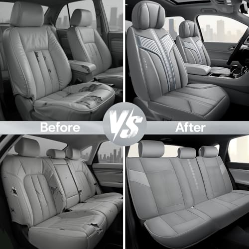 Image of CAR PASS Nappa Leather Seat Covers, Breathable Waterproof Car Seat Covers Full Set, Luxury Leather Front and Back Seats Full Coverage, Universal Fit SUV Pick-up Truck Sedan Automotive(Gray)