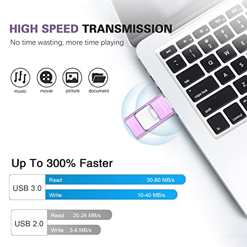 Flash Drive for iPhone 256GB, 4 in 1 USB Type C Memory Stick, Photo Stick External Storage Thumb Drive for iPhone iPad Android Computer, Violet Purple