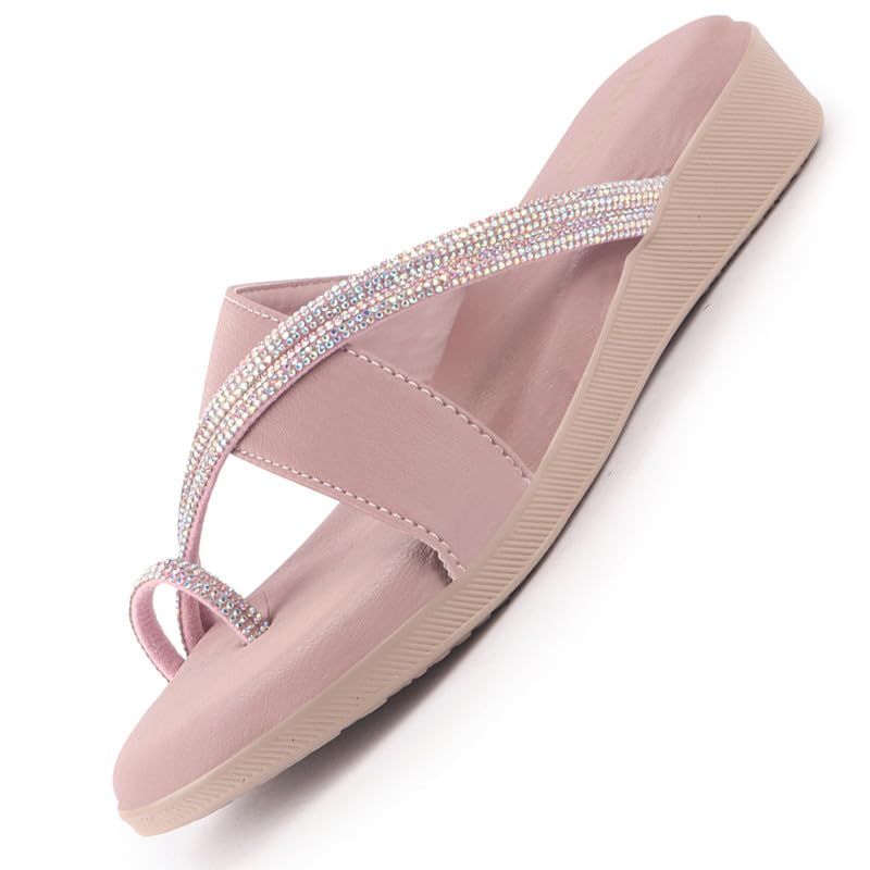 Image of FAUSTO Women Embellished Shimmery Cross Strap Toe Ring Wedding Slip On Slippers | Soft Cushioned Footbed Wedge Sandals | Party, Mehndi, Festive
