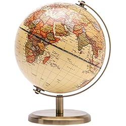 Exerz 14cm Globo Antiguo - Mapa en Inglés - Decoración de Escritorio Educativa/Geográfica - Globo Terráqueo Con una Base de Metal - Mapa Moderno Con Color Antiguo - Diámetro: 14cm