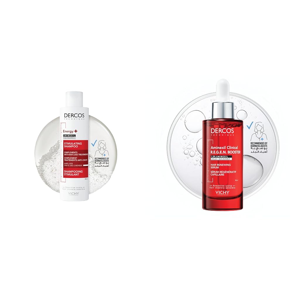 VICHY Dercos Routine Anti-Chute Cheveux, Shampooing Stimulant Energy+ 200ml & Sérum Aminexil Clinical R.E.G.E.N. Booster 90ml, +14 000 Cheveux, Lot de 2 Produits