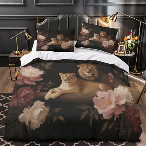 Housse de couette lion 3D king size 220x240 parure lit microf - 2