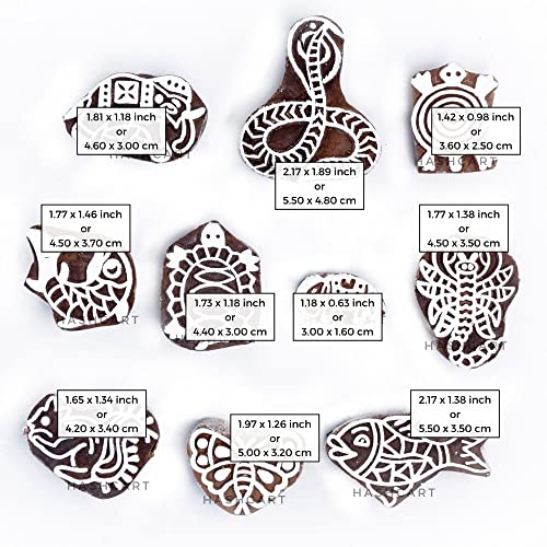 Image of Hashcart | Set of 10 | Wooden Animal Shape Blocks Stamps for Block Printing, Project Designing Fabric Textile Clay Pottery Craft Tattoo Handcarved