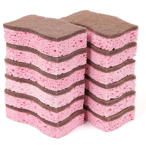 ELIVARA Kitchen Sponges 12 Pack Non-Scratch Dual-Sided Cellulose Scrub Sponges for Dishes Pots and Pans Durable Absorbent and Reusable (Brown/Pink)