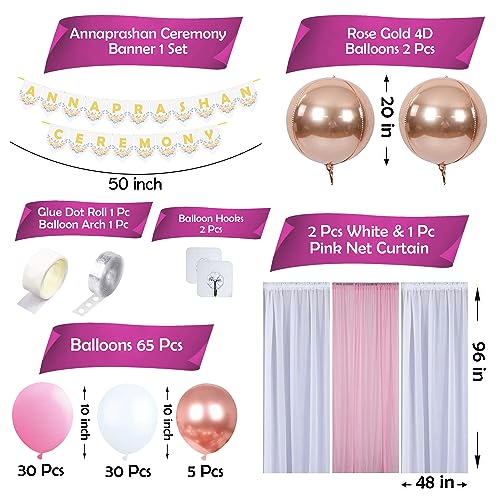 Image of Party Propz Annaprashan Decoration Items- 75pcs Pink Theme Baby Rice Ceremony Decorations | Annaprasana Decoration Items | Annaprashan Ceremony Banner (cardstock) | With Pink Balloons And Net Curtains