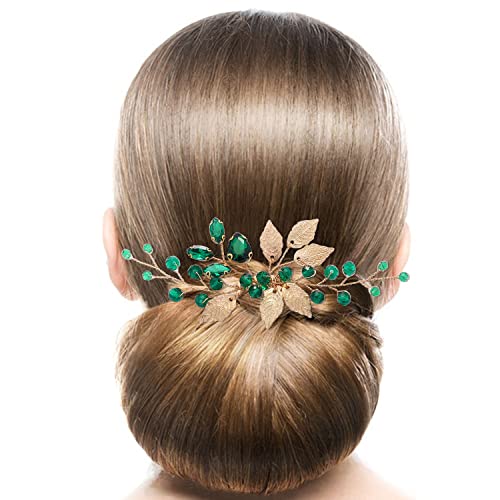 Sliverdew Emerald Green Crystal and Gold Leaf Hair Comb #TOP24