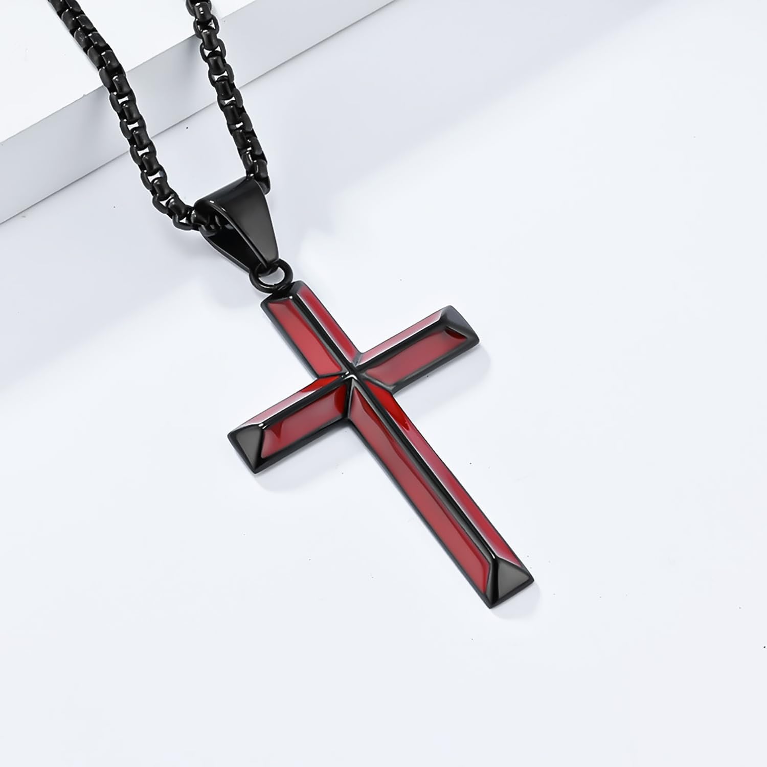 Cross Necklace for Men,Stainless Steel Black Silver Jesus Christ Crucifix Pendant Necklaces Jewelry，60cm Rolo Chain