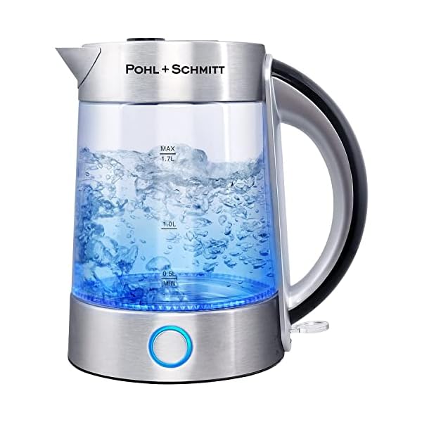 Pohl Schmitt 1.7L Electric Kettle with Upgraded Stainless Steel Filter, Inner Lid & Bottom, Glass Water Boiler & Tea Heater with LED, Cordless, Auto Shut-Off - Boil-Dry