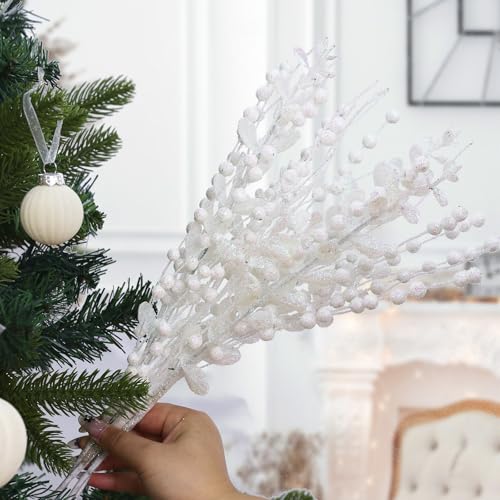 CristBest 24-Pack Christmas Tree Picks Ornaments, Artificial Glitter Berry Stem Glittery Twigs Ornaments for Christmas Tree Decorations, Small Vase, Holiday, Wedding, Party Decorations (White) - image 5