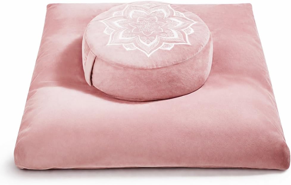 Meditation Zafu Cushion Set with Buckwheat Hulls & Memory Foam - Ergonomic Support for Yoga & Sitting - Removable Machine-Washable Luxury Velvet Cover - for Adults and Kids (Pink)