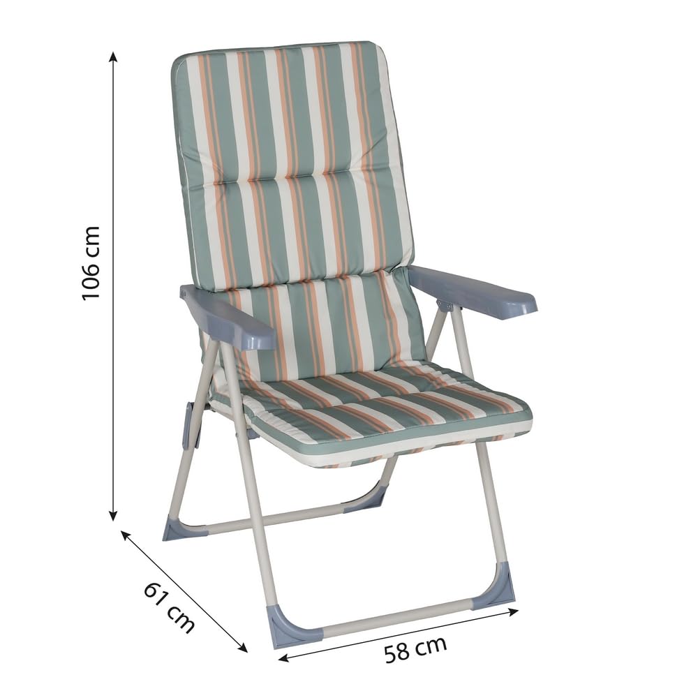 LOLAhome Sillón de Jardín Acolchado y Reclinable en 4 Posiciones. Estructura de Tubo de Acero y Lona Verde Multicolor. Colchón de 5 cm de Grosor. 61x58x106 cm.