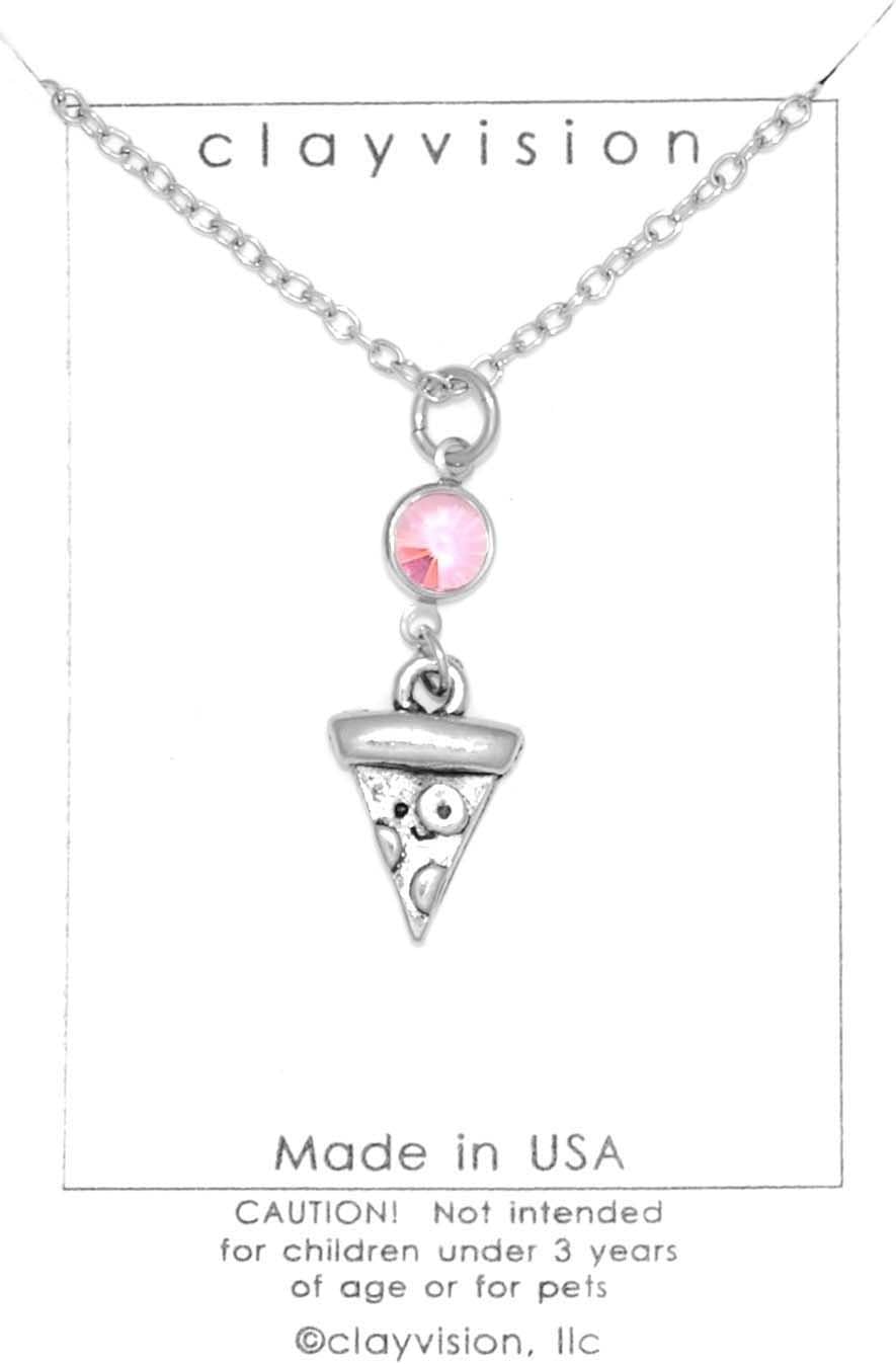Clayvision Happy Pizza Slice Charm Necklace w/ Rose Colored Pink Crystal October