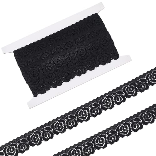 Letsinstyle Bordure en Dentelle Extensible Noire de 5 mètre Ruban Élastique à Motif Floral au Crochet de 0.98(5) cm Bordures Ondulées Brodées en Tulle...