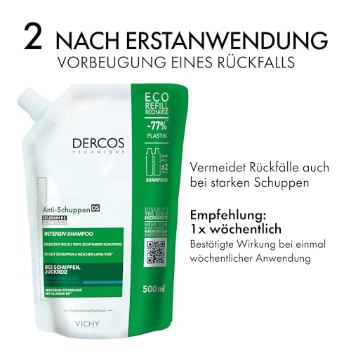 Foto von VICHY Anti-Schuppen Pflegeshampoo für normales bis fettiges Haar, 6 Wochen Anti-Rückfall-Wirkung, Ohne Parabene, Mit Selendisulfid und Salicylsäure, Dercos Anti-Schuppen, Nachfüllpack, 500 ml