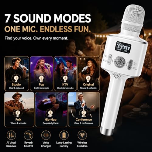 Image of Kinglucky H100 Karaoke Microphone with 7 Sound Modes & Ai Vocal Remover | Voice Changer, Karaoke Mic with 50W Speaker, Echo Adjustment TWS,Built-in Recording,For Car Party Home Teaching