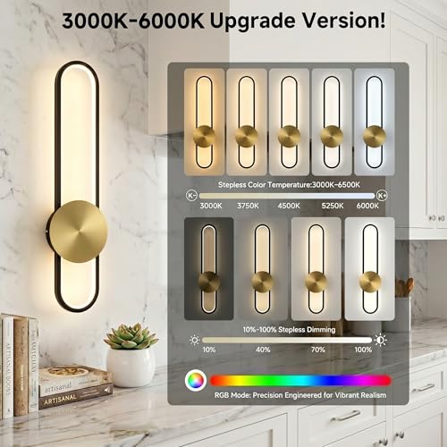 Image of JAYMP RGB Modern Wall Sconce Dimmable LED Wall Light Fixture with Remote & APP, Hardwired Wall Lamp for Living Room, Dining Room, Bedroom, Hallway, Entryway, 1 Pack (Brushed Black,RGB, H56cm /22inch)